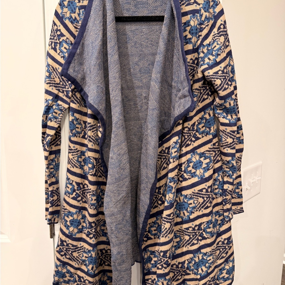 Lucky Brand Blue & Cream Open-Front Patterned Cardigan